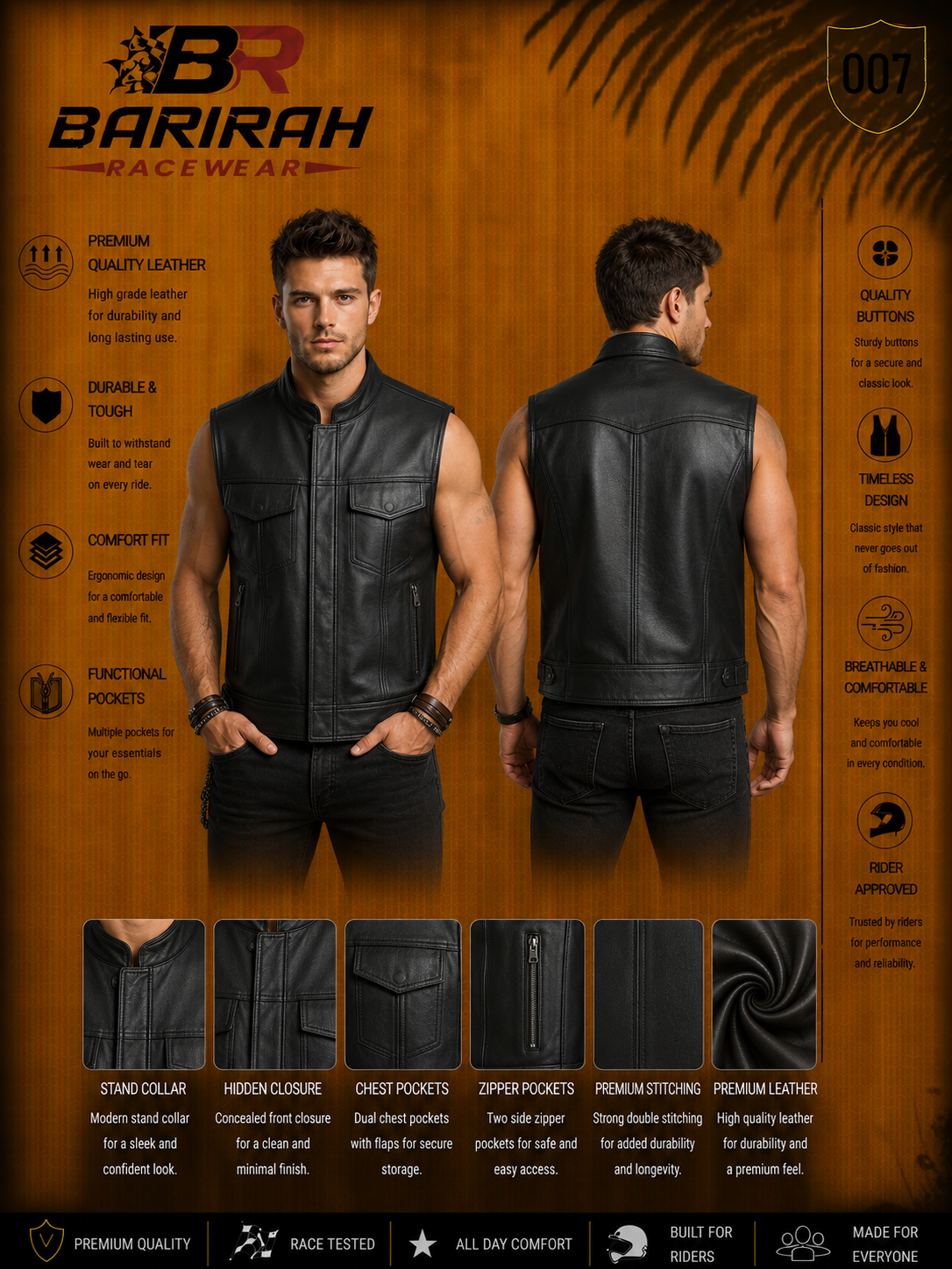 Barirah Racewear Men’s Genuine Cowhide Leather Biker Jacket Waistcoat