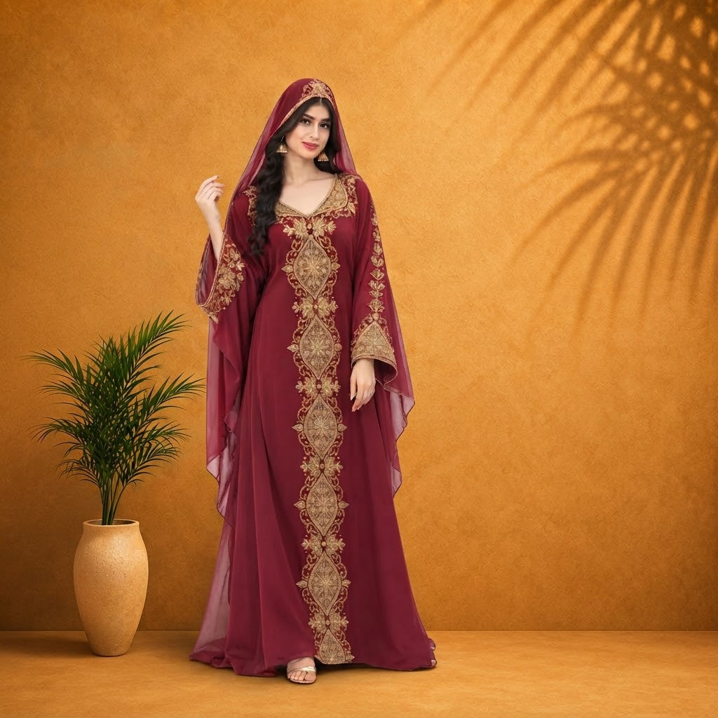 Elegant Burgundy Moroccan Kaftan Dress