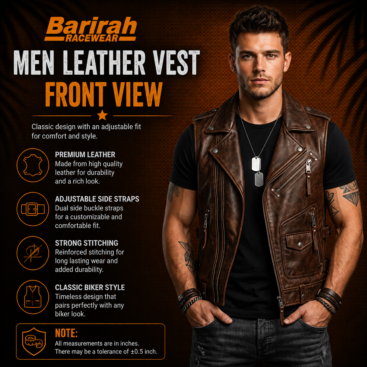 Barirah Racewear Men’s Brown Leather Jacket Waistcoat multiple functional pockets
