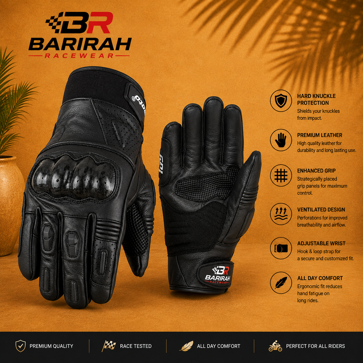 Barirah Racewear Pure Leather Motorcycle Full Black Gloves