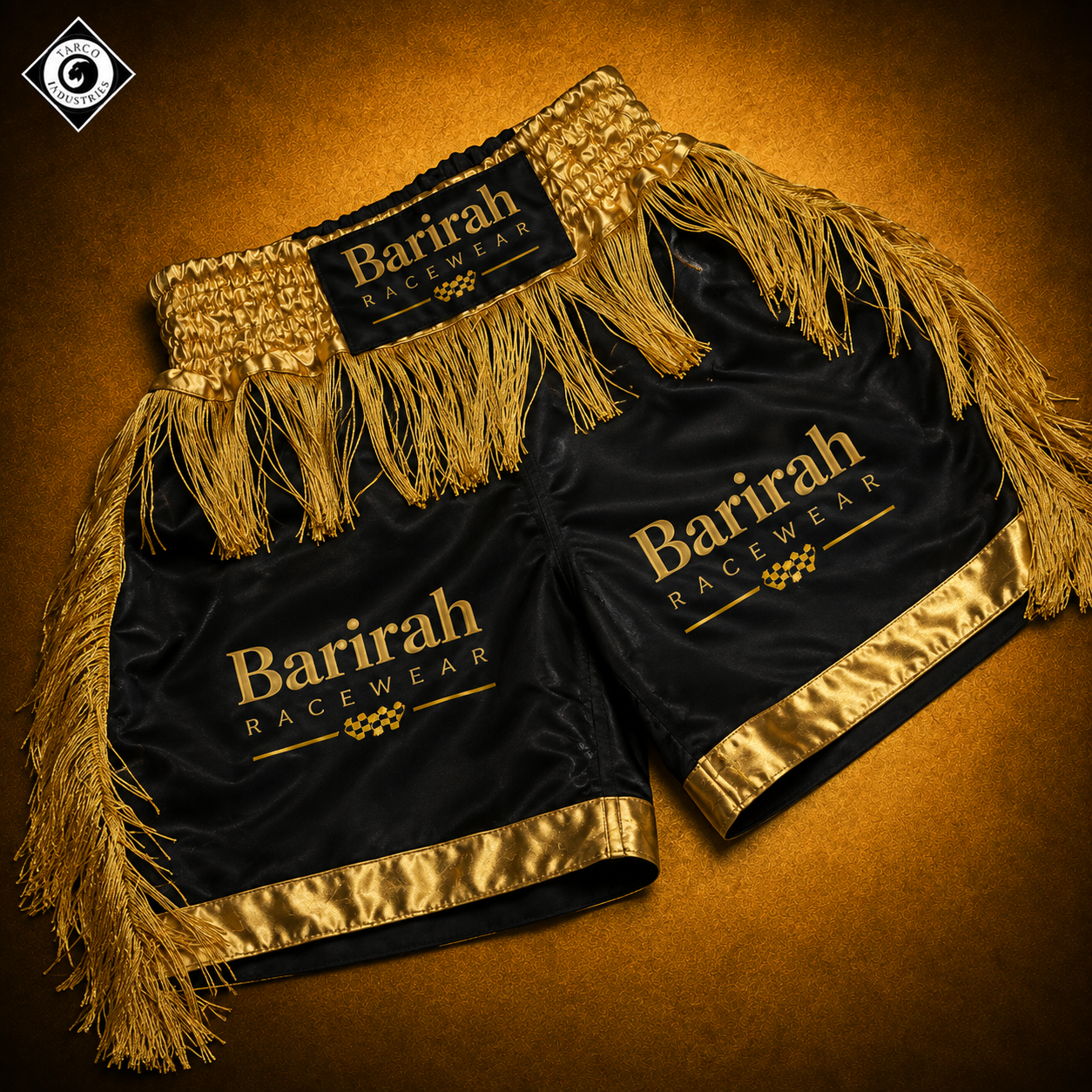 Barirah Racewear Men’s Boxing Entrance Outfit – Black & Gold Hooded Vest & Fringed Shorts Set