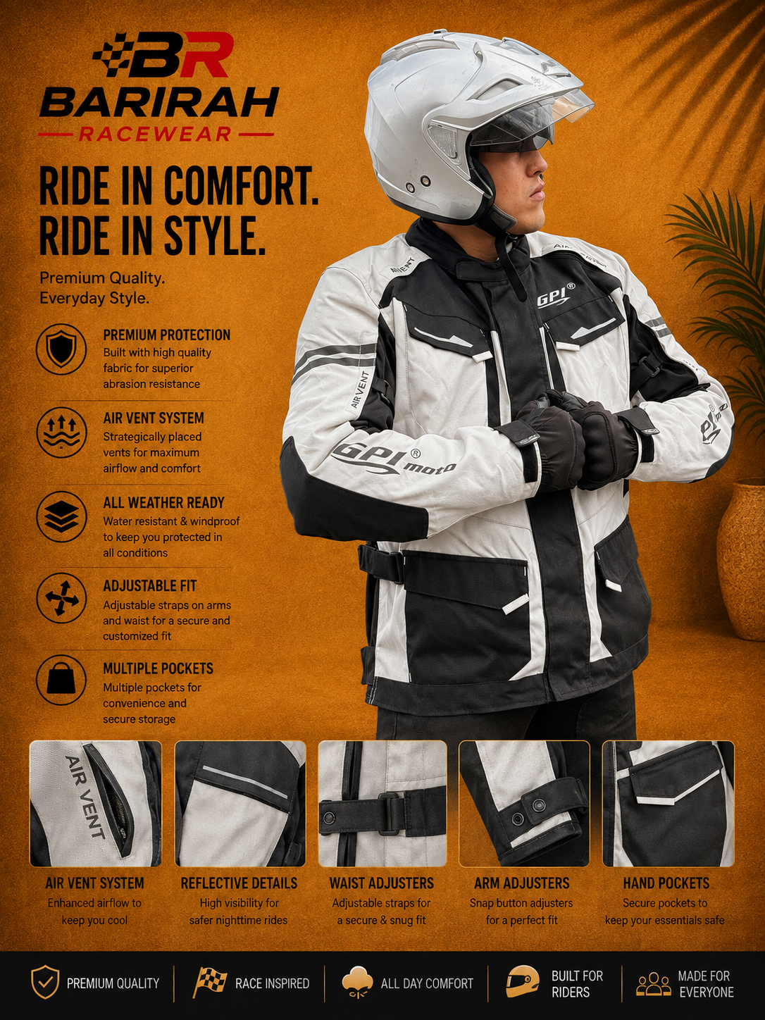 BARIRAH RACEWEAR Men’s All-Season 7 Pockets Waterproof High Premium Quality Motorcycle Jacket – Beach/Black