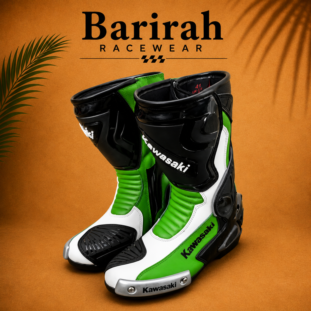 Barirah Racewear Motorcycle Racing Boots – Green, White & Black Protective Riding Boots