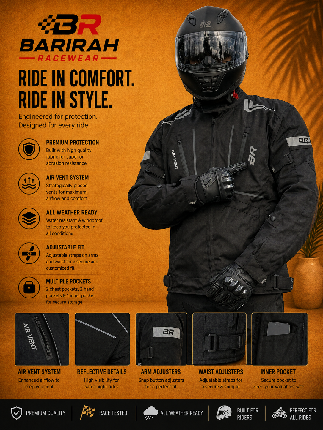 BARIRAH RACEWEAR Men’s All-Season High Premium Quality Soft Adjustable Motorcycle Jacket with 4 Pockets – Black