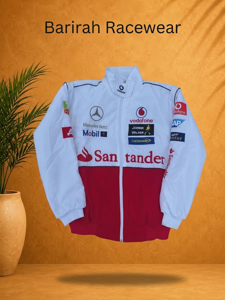 Men’s White & Red Racing Jacket | Vintage Motorsport Bomber | Barirah Racewear