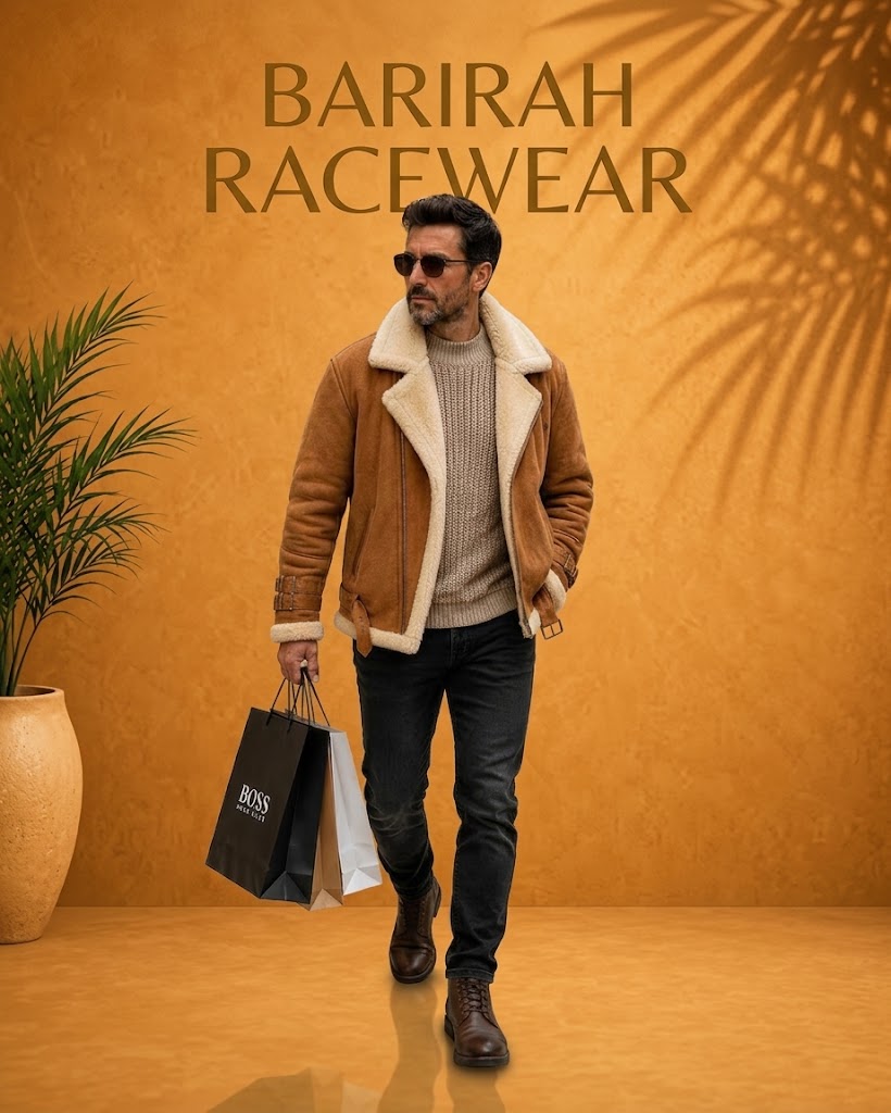 Stylish men’s brown shearling leather jacket featuring a classic aviator-inspired design,