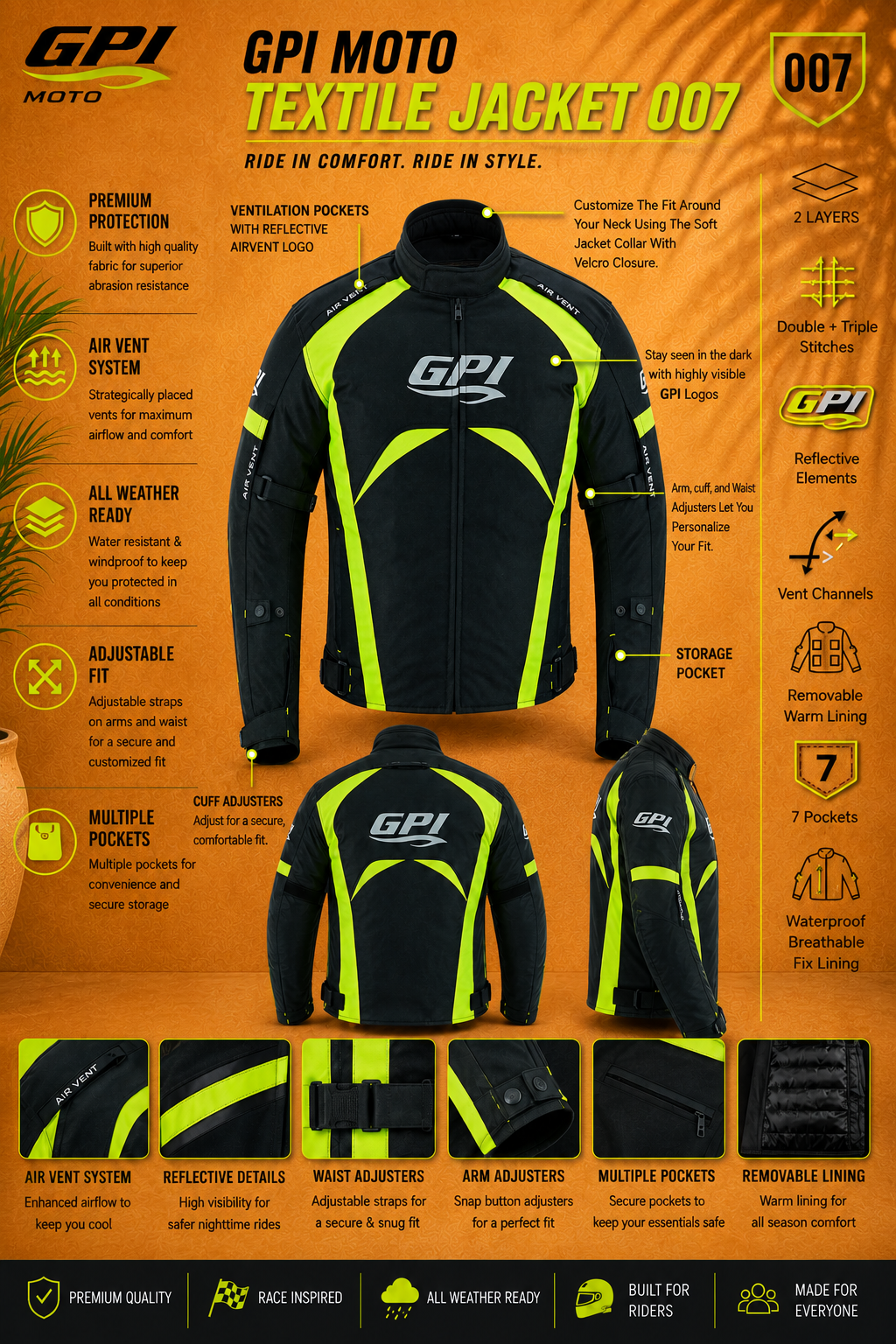 BARIRAH RACEWEAR Men’s All-Season 4 Pockets Waterproof High Premium Quality Motorcycle Jacket – Fluorescent/Black