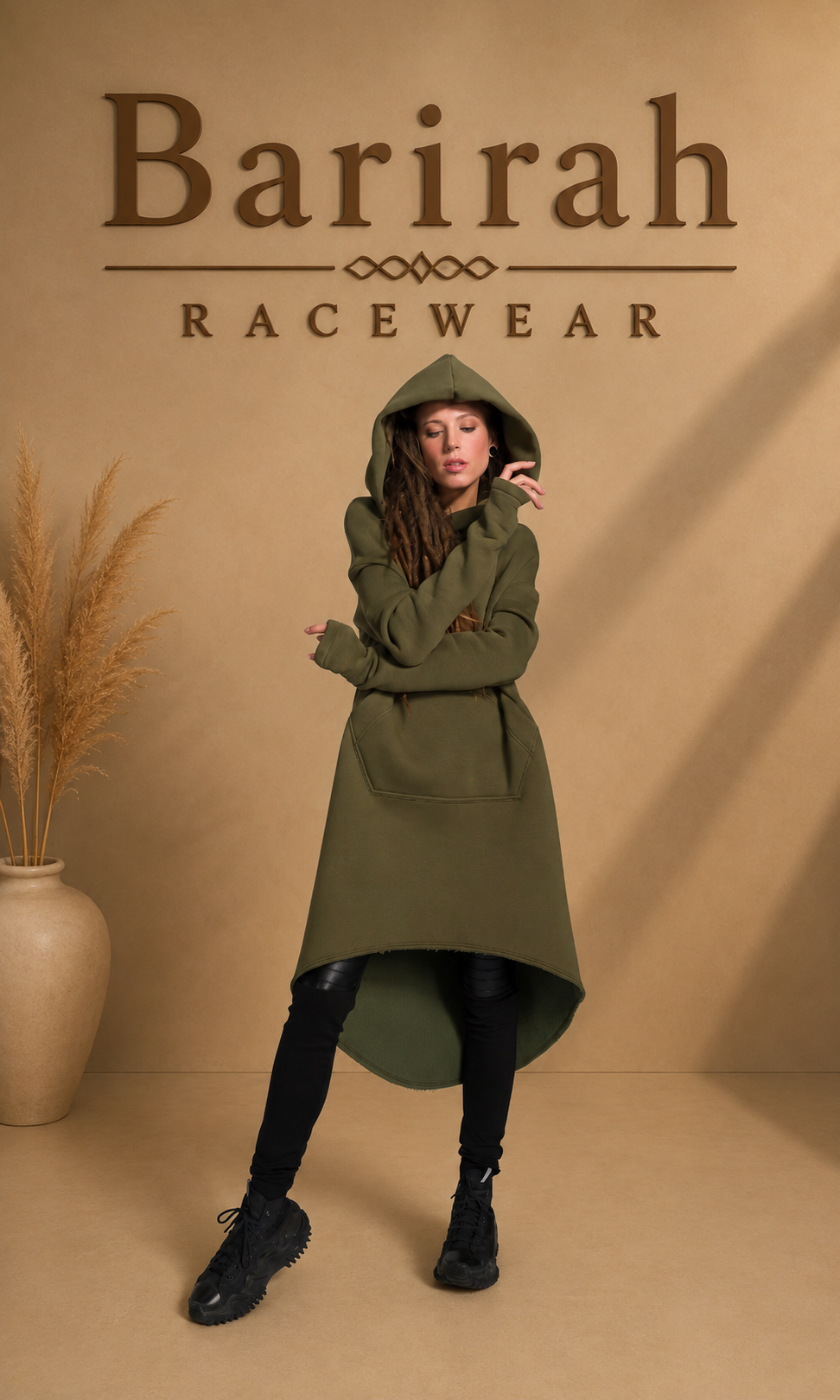 Barirah Racewear Women’s Olive Green Oversized Hoodie Dress – Long Sleeve High-Low Hooded Sweatshirt Tunic
