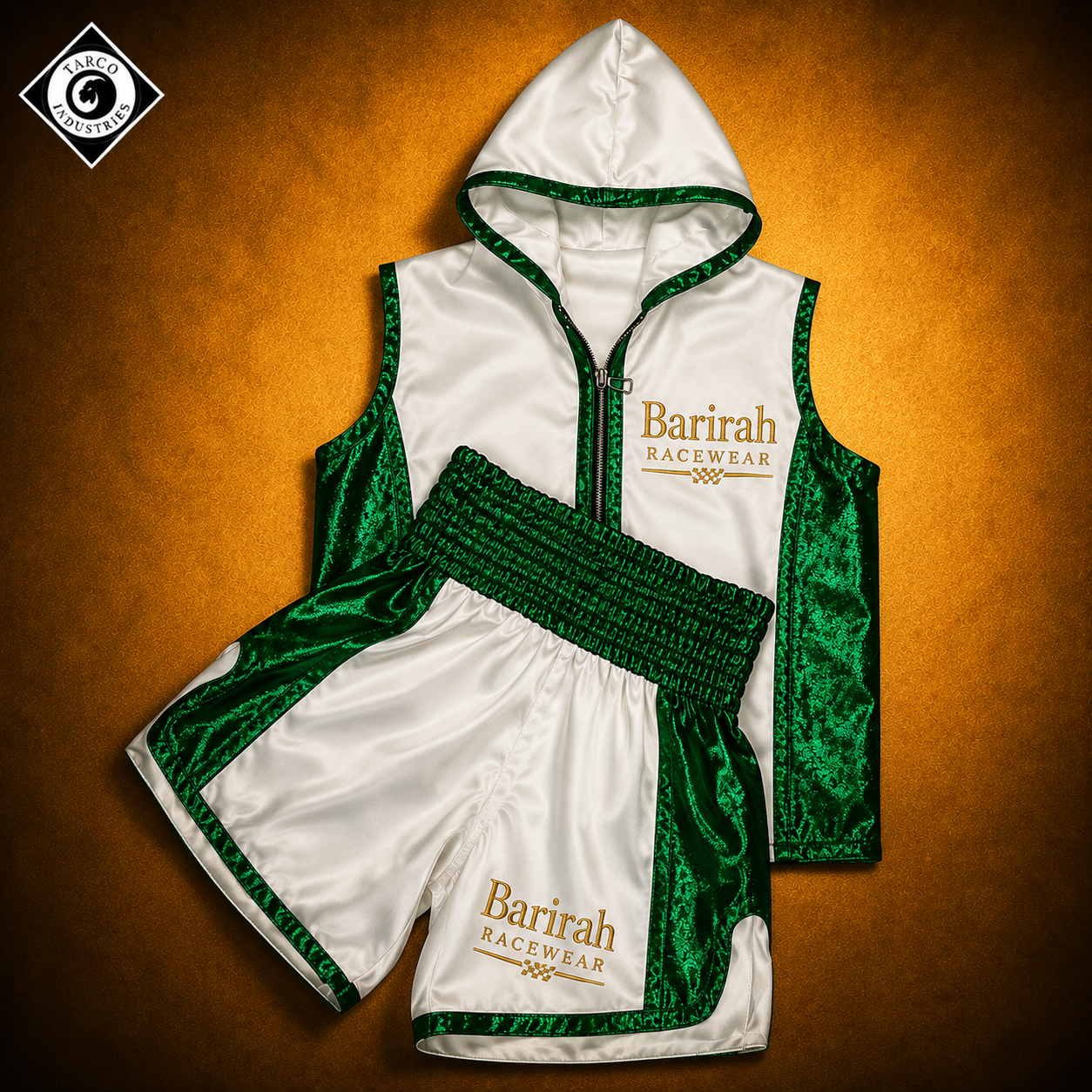 Barirah Racewear Men’s Boxing Entrance Outfit – White & Metallic Green Hooded Vest & Boxing Shorts Set