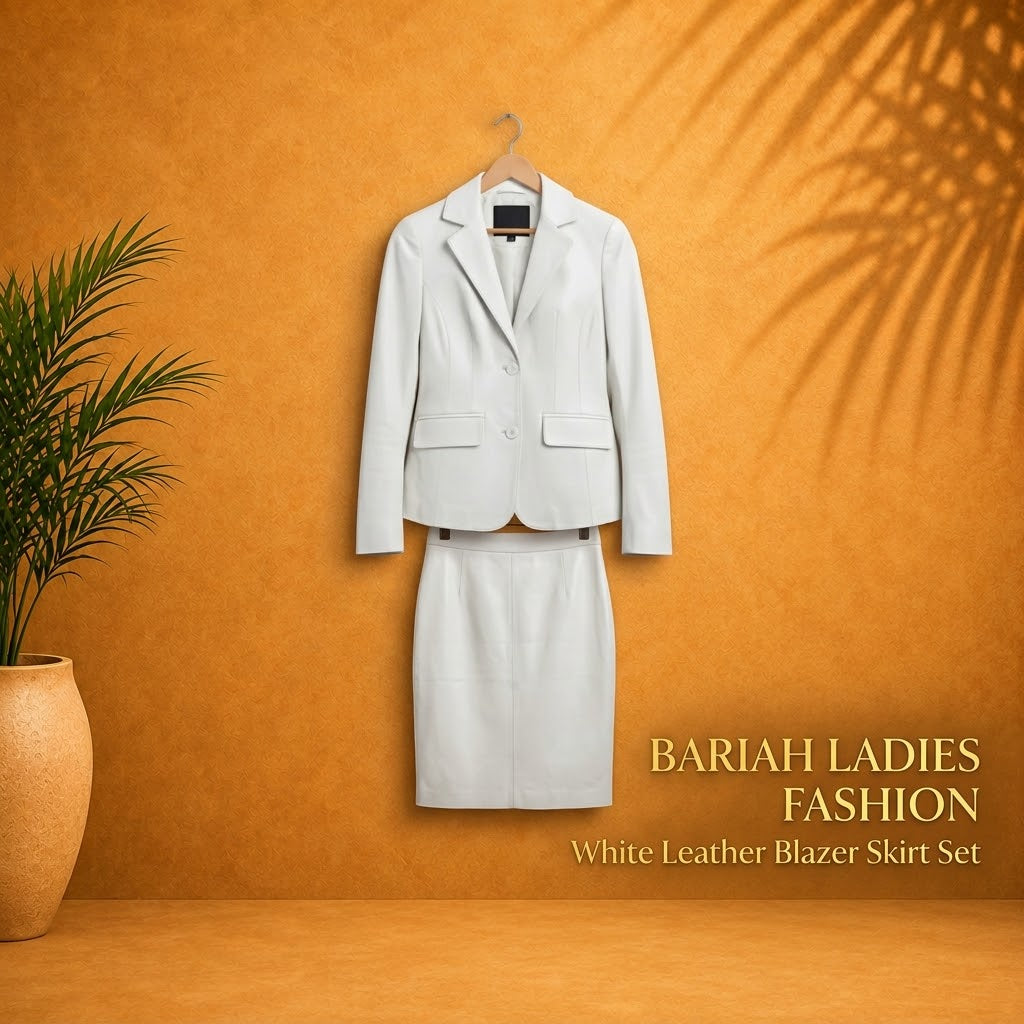 Elegant Women’s White Leather Blazer Skirt Set.