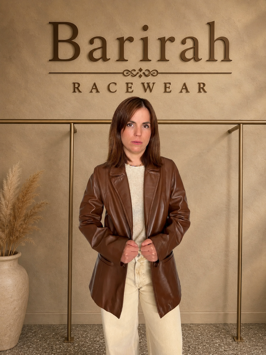 Barirah Racewear Women’s Brown Leather Blazer Jacket – Long Sleeve Tailored Single-Breasted Coat