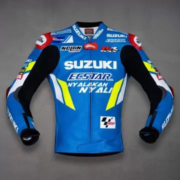 Suzuki Ecstar MotoGP 2019 Motorcycle Leather Jacket | Alex Rins Inspired CE Armor Racing Biker Jacket | Premium Cowhide Riding Jacket | Blue, White & Yellow