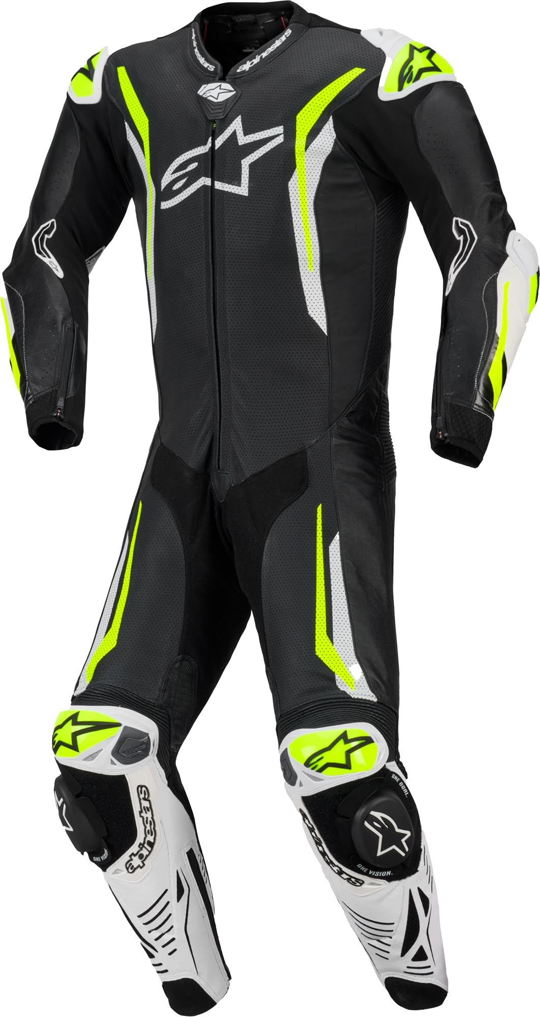 Alpinestars GP Tech V5 Perforated Leather Racing Suit | Premium One-Piece CE Armor Motorcycle Suit | Professional Track & Street Riding Gear | Black, White & Neon Yellow