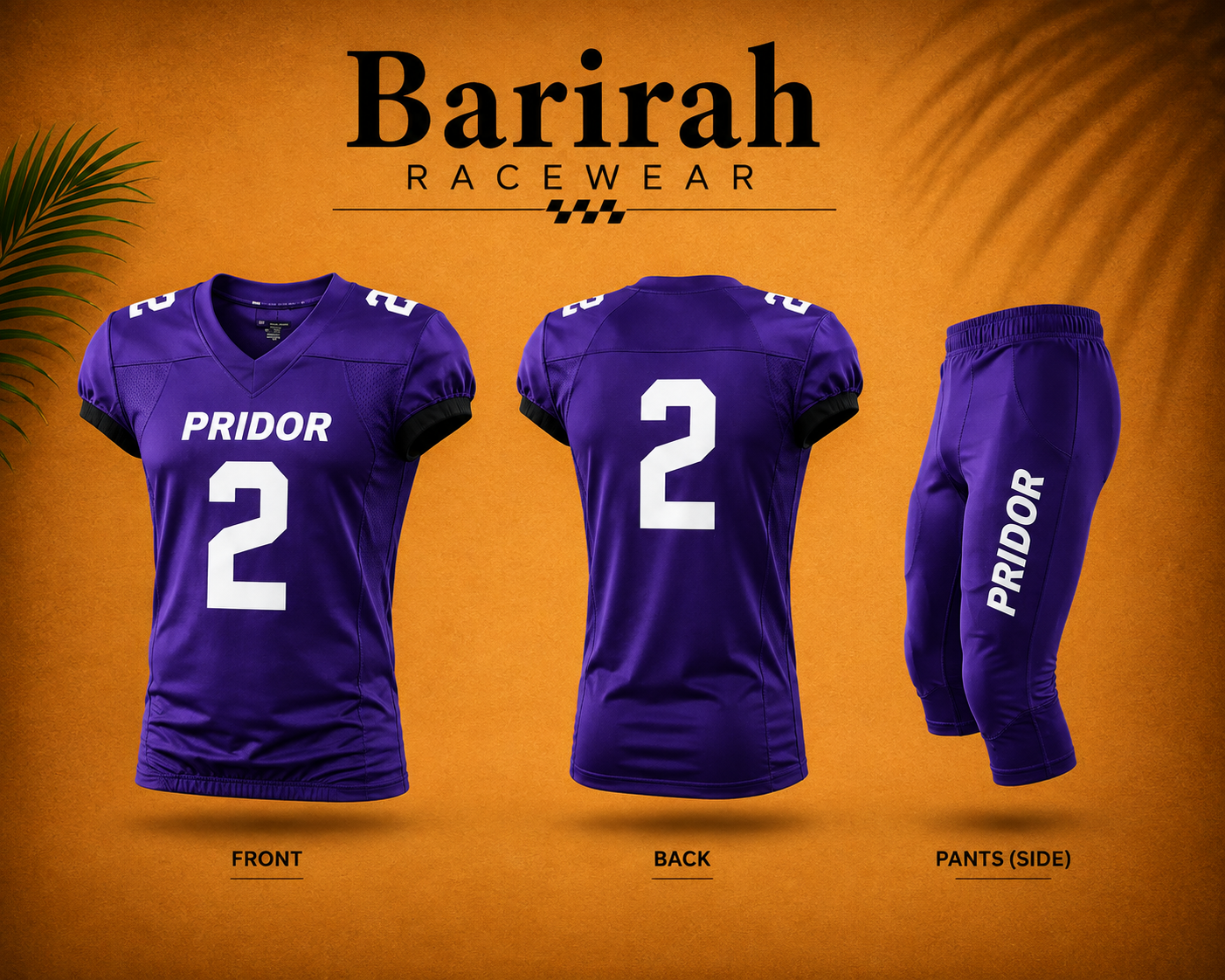 Barirah Racewear Men’s American Football Uniform Set – Purple Jersey & Pants No. 2