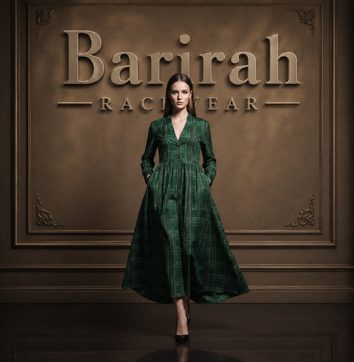 Barirah Racewear Women’s Emerald Green Plaid Midi Dress – Long Sleeve V-Neck Button Front Fit & Flare Dress