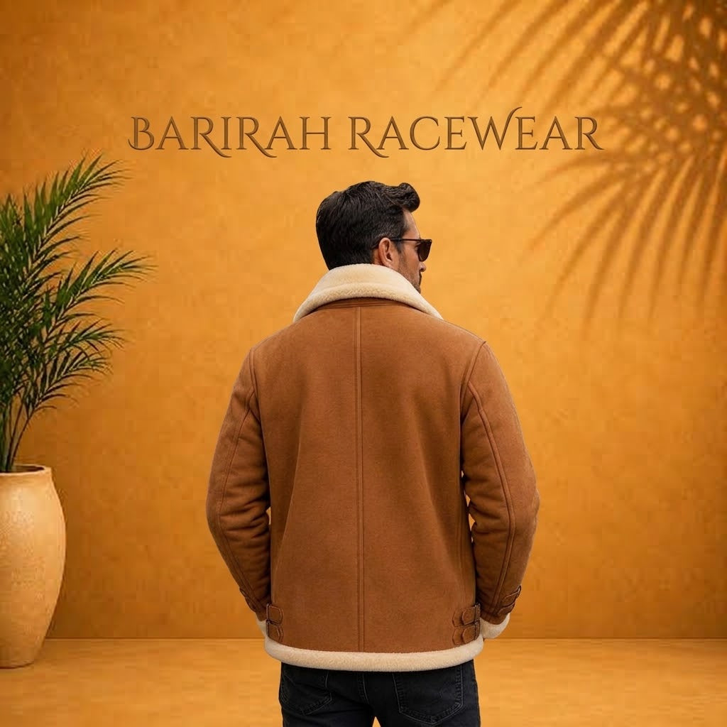 Stylish men’s brown shearling leather jacket featuring a classic aviator-inspired design,