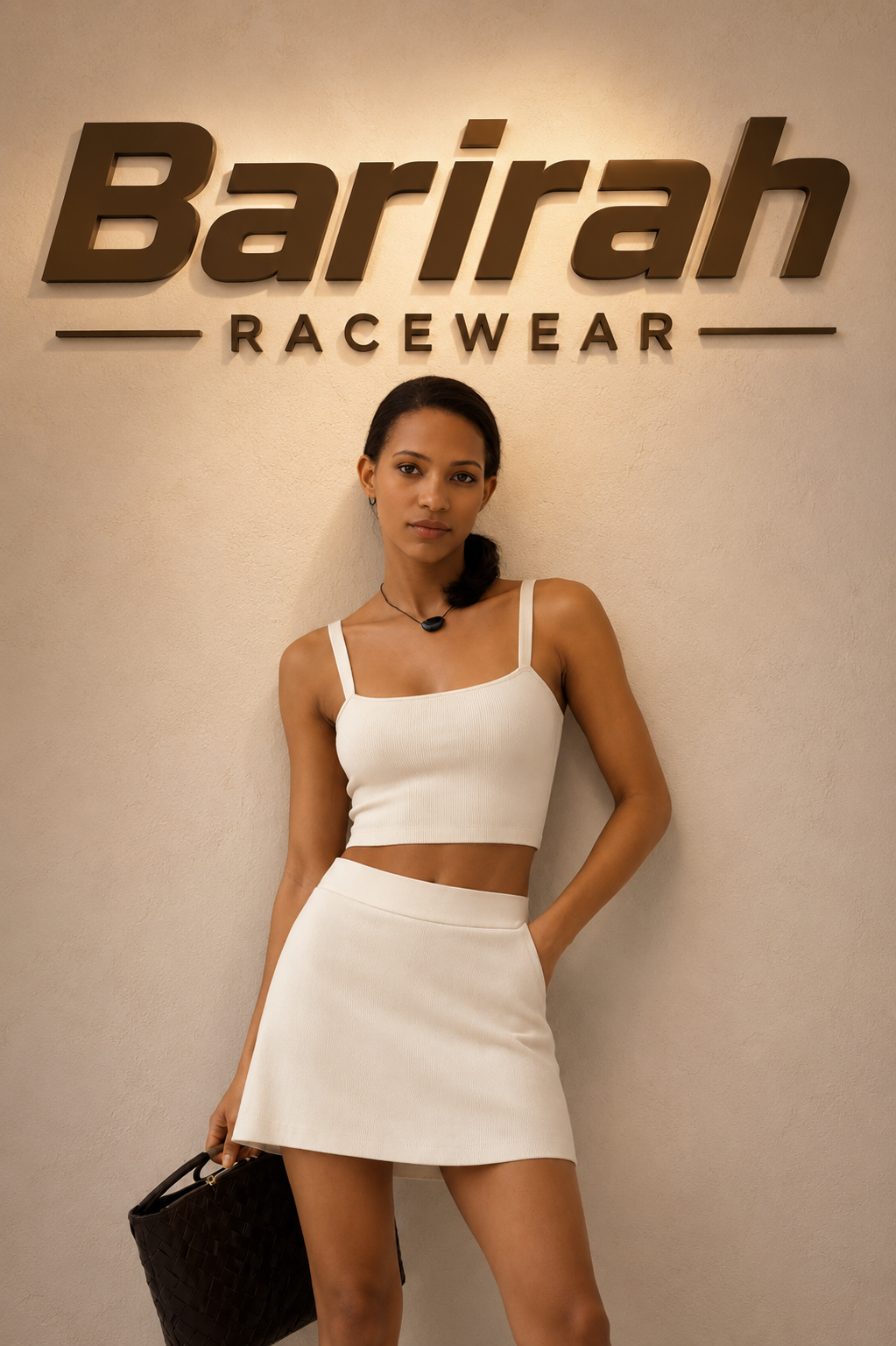 Barirah Racewear Women’s Ivory Ribbed Crop Top & A-Line Mini Skirt Two-Piece Set