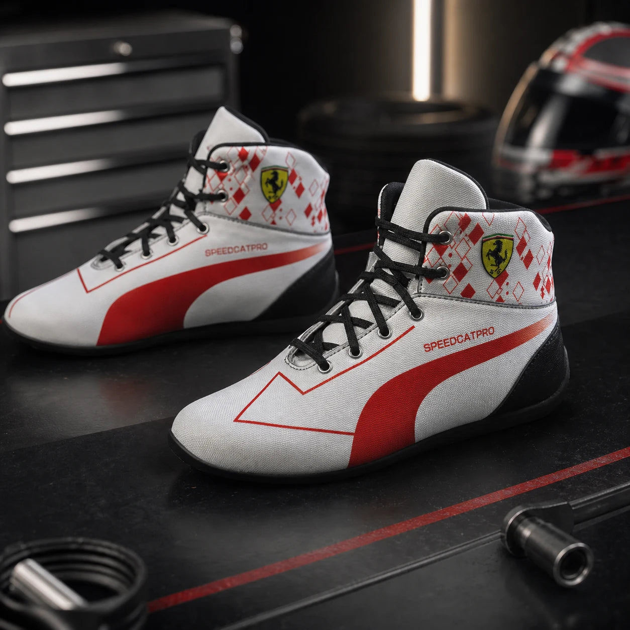 White and red branded karting shoes in a professional motorsport workshop