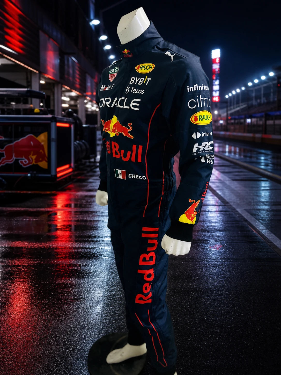 Barirah Racewear branded motorsport suit mobile race paddock banner