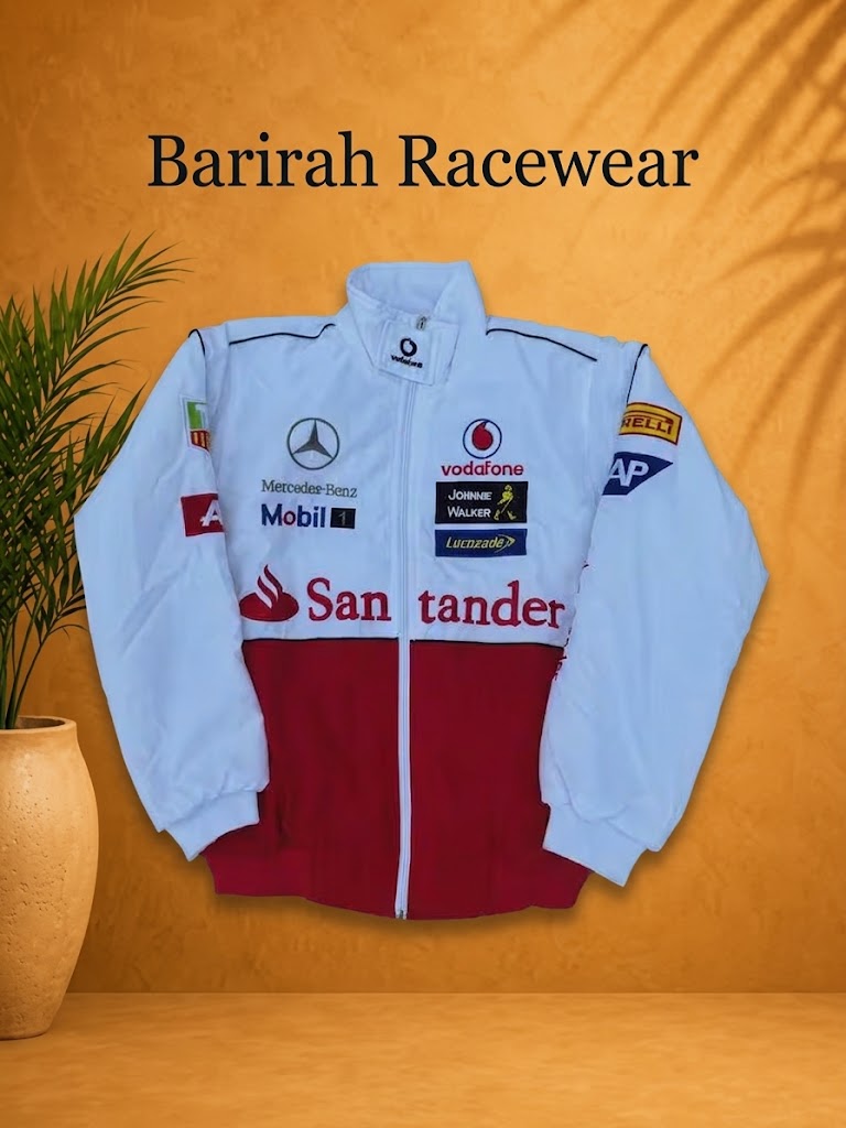 Men’s White & Red Racing Jacket | Vintage Motorsport Bomber | Barirah Racewear