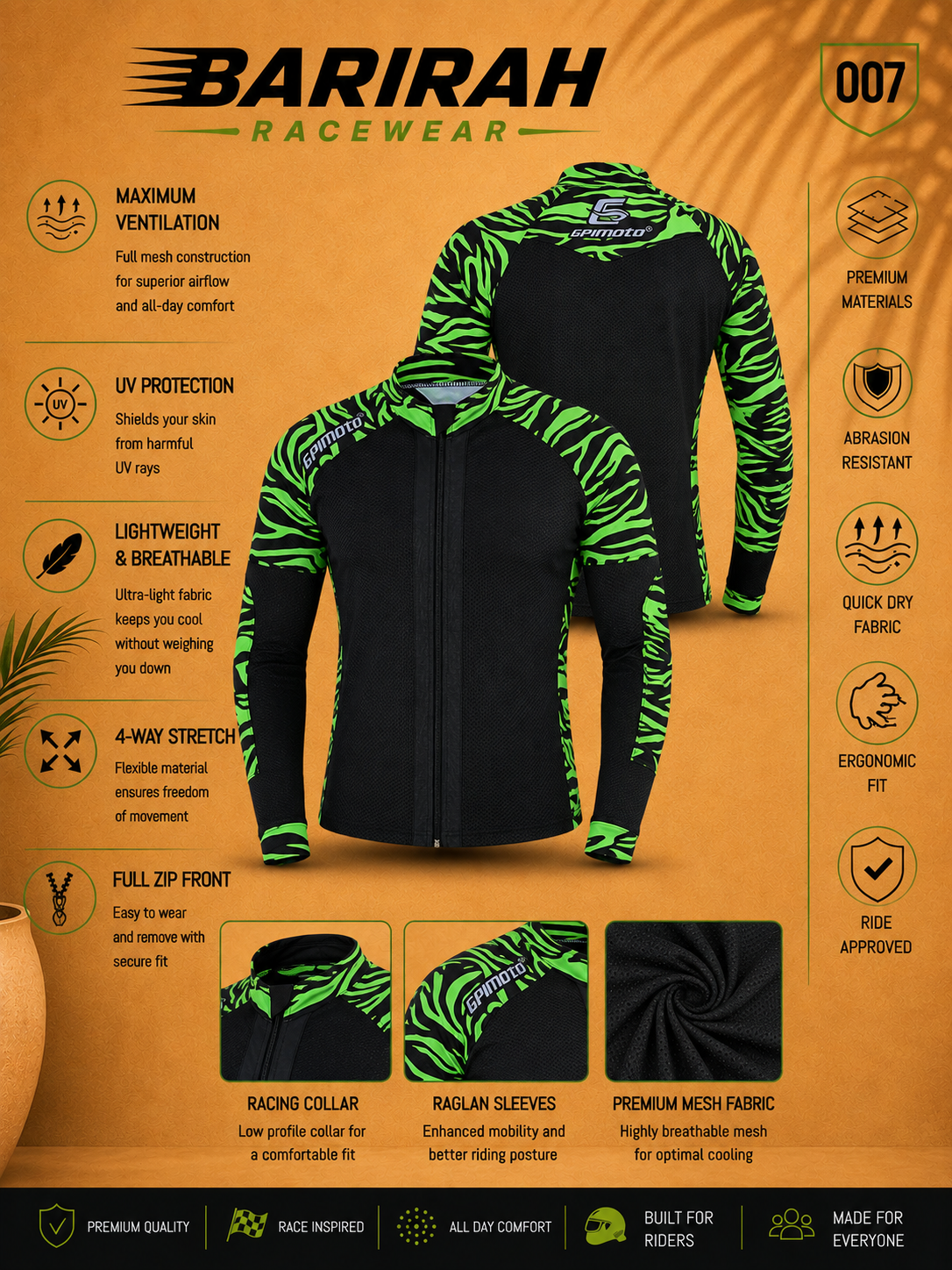 Men's Mesh Green Motorcycle Shirt - CE Level 2 Certified