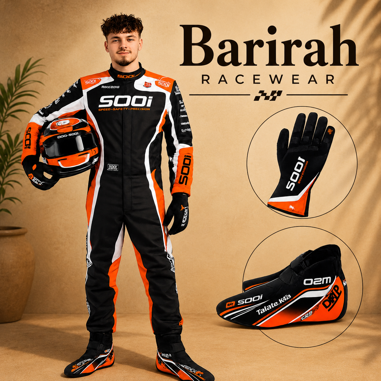 Barirah Racewear Men’s Motorsport Racing Suit Set – Black, Orange & White with Racing Gloves & Boots