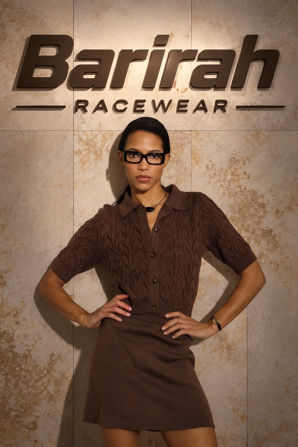 Barirah Racewear Women’s Chocolate Brown Knit Polo Cardigan & Mini Skirt Set