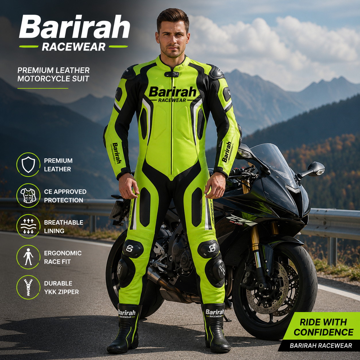 Barirah Racewear Premium Leather Motorcycle Racing Suit – CE Protection | One-Piece Performance Motorbike Suit | Neon Green & Black