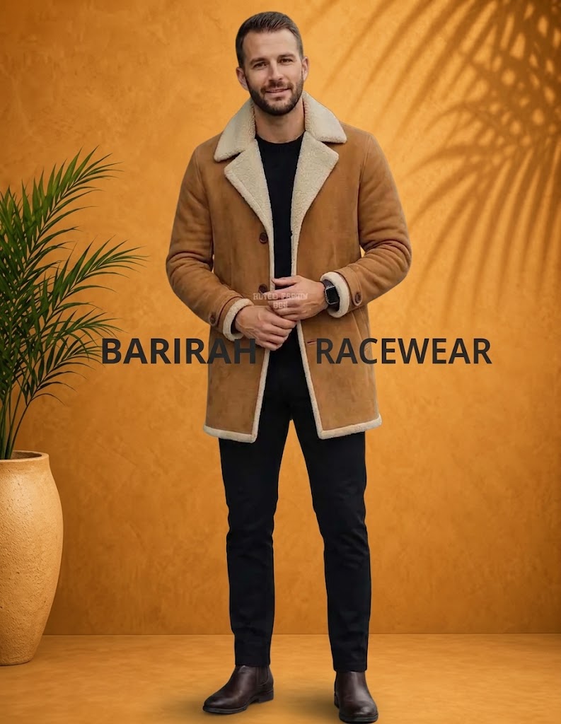 Stylish men’s tan shearling leather jacket