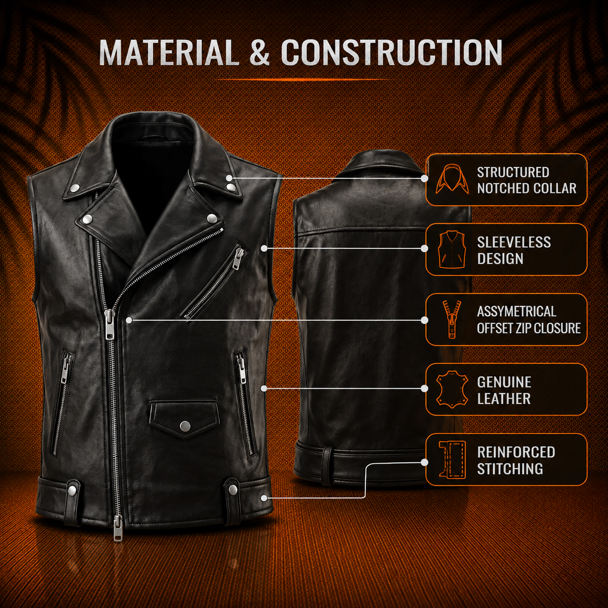 Barirah Racewear Men’s Black Genuine Leather Biker Jacket waistcoat