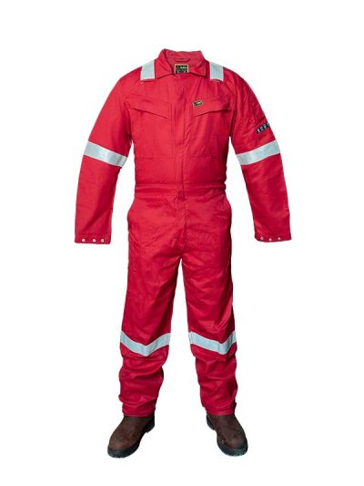 Flame-Resistant Reflective Coverall | FR Industrial Safety Work Coverall with Hi-Vis Reflective Tape | Heavy-Duty Protective Overall | Red