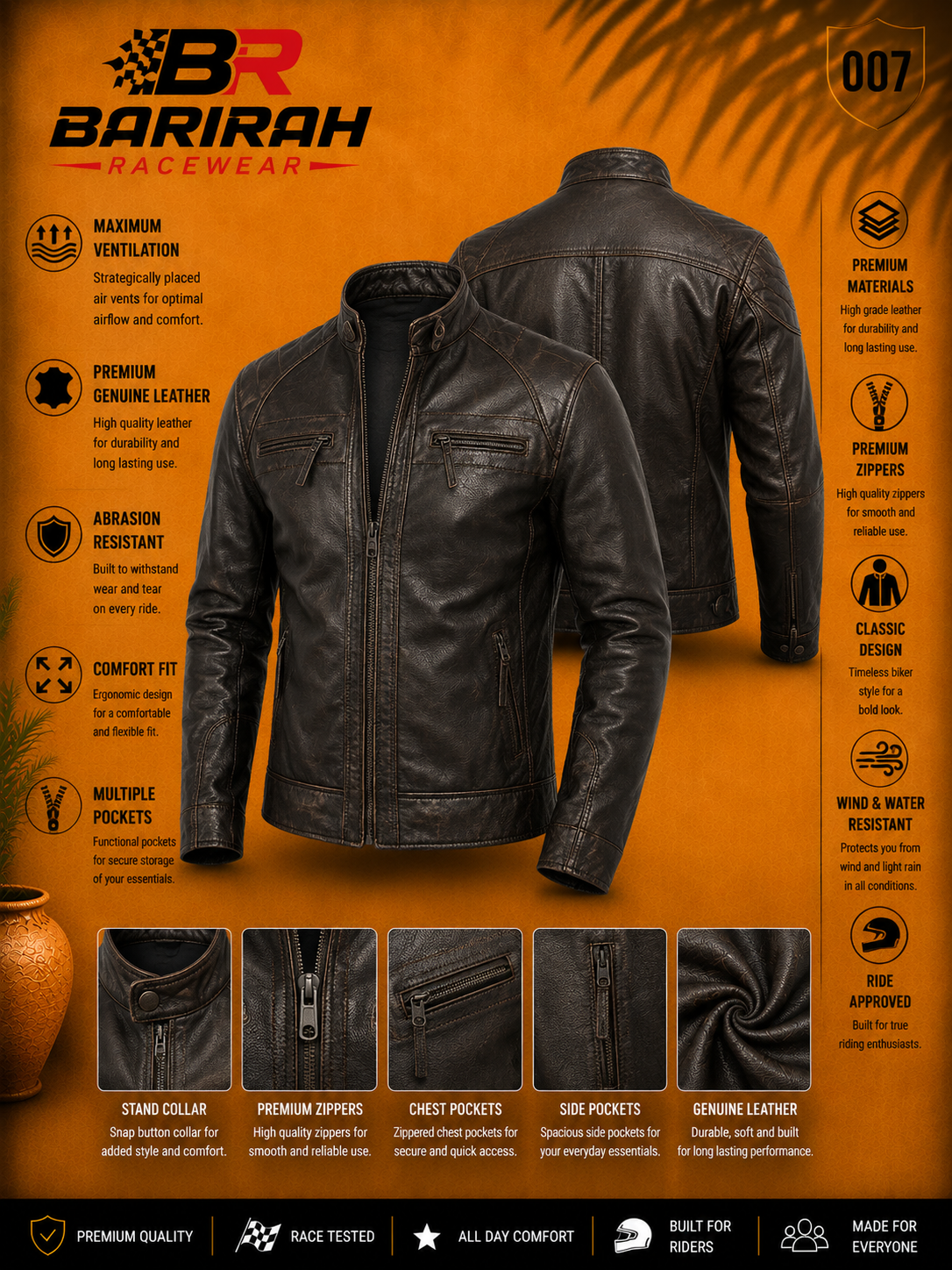 Men’s Cafe Racer Leather Motorcycle Jacket - Quilted Shoulders