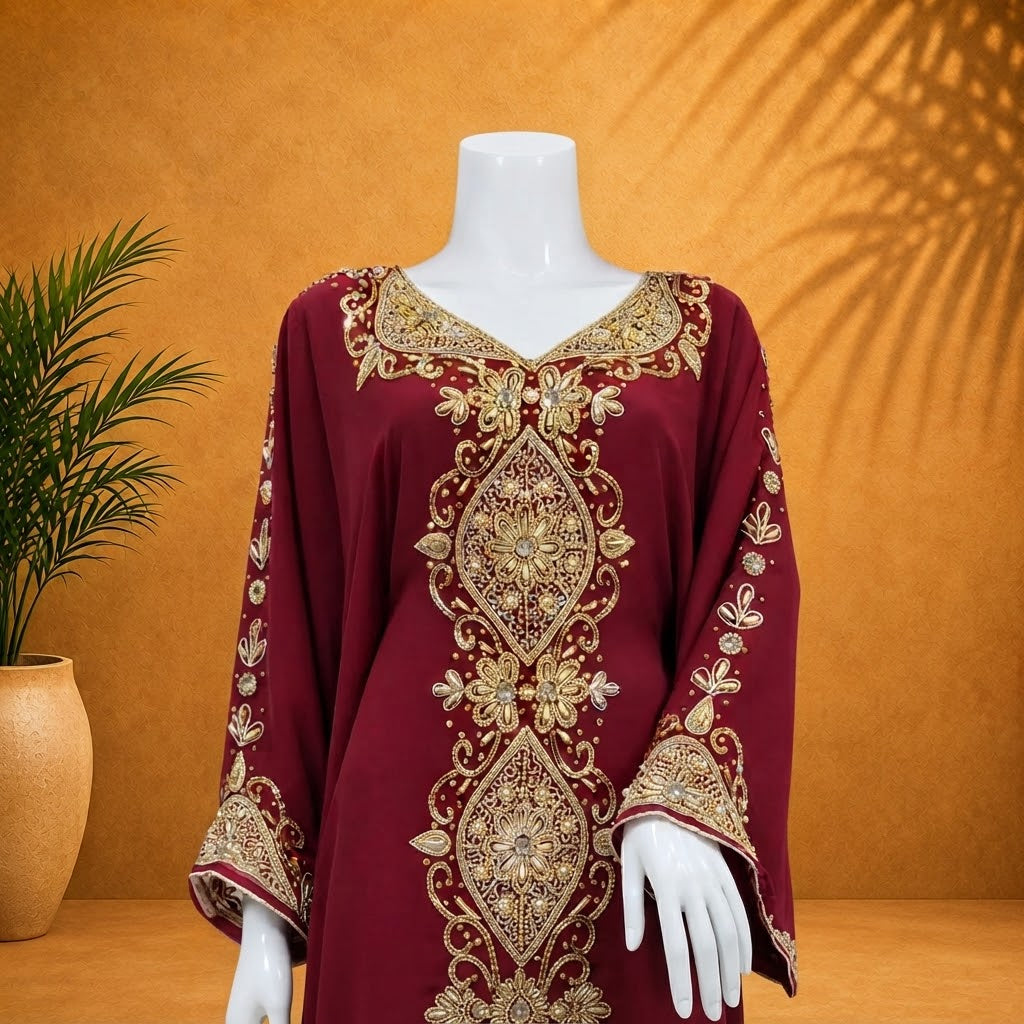 Elegant Burgundy Moroccan Kaftan Dress