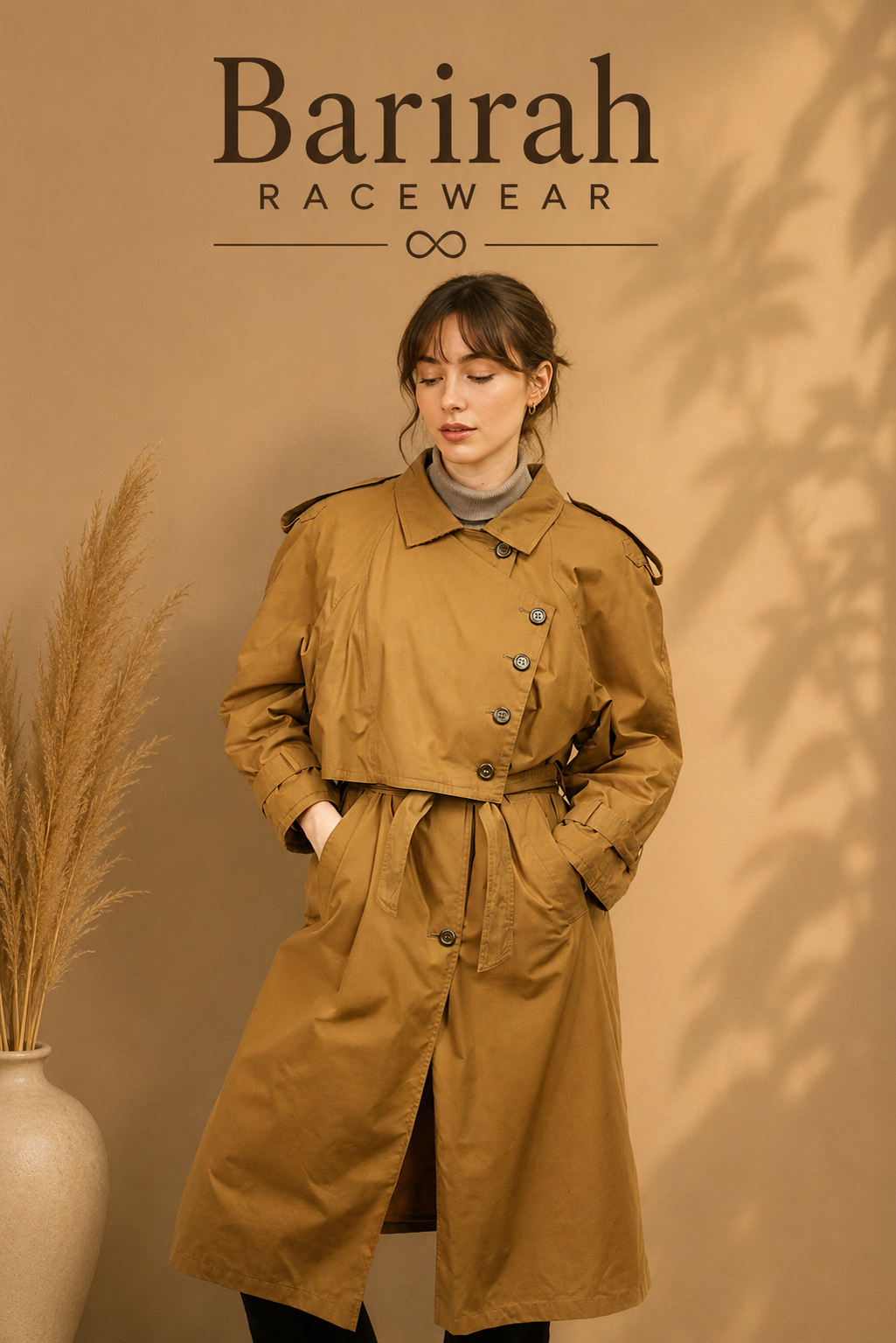 Barirah Racewear Women’s Classic Belted Trench Coat – Camel Brown