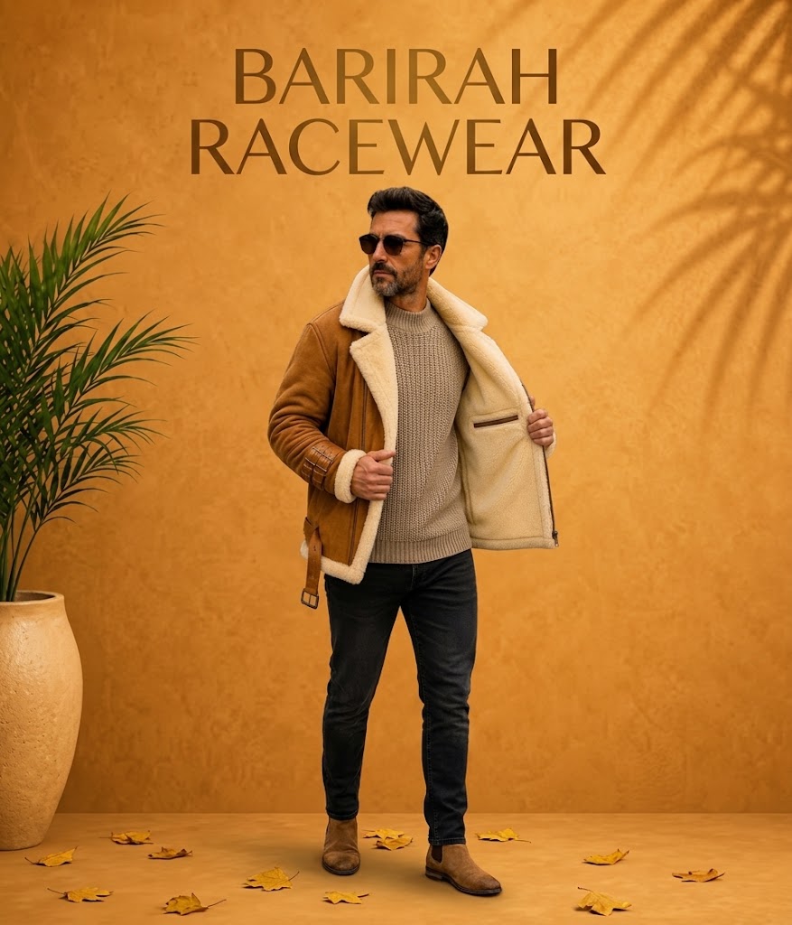 Stylish men’s brown shearling leather jacket featuring a classic aviator-inspired design,