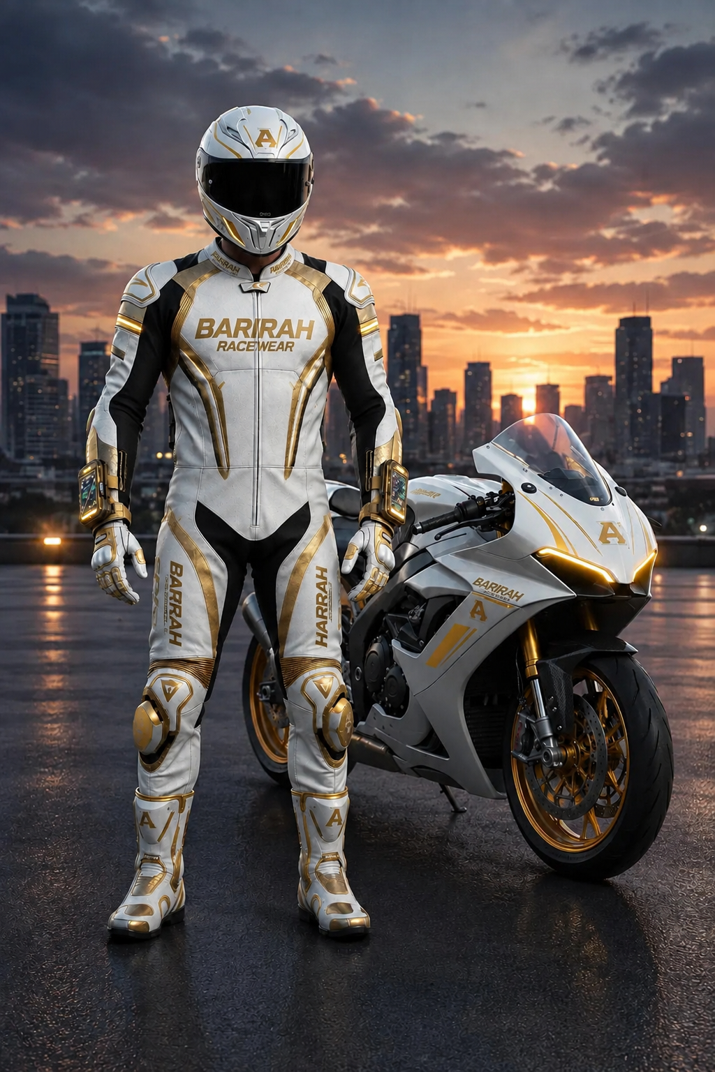 Barirah Racewear White & Gold One-Piece Motorcycle Racing Leather Suit
