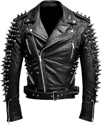 Men's Black Studded Faux Leather Biker Jacket | Punk Rock Motorcycle Moto Jacket | Gothic Rivet Zip-Up Leather Coat with Belt