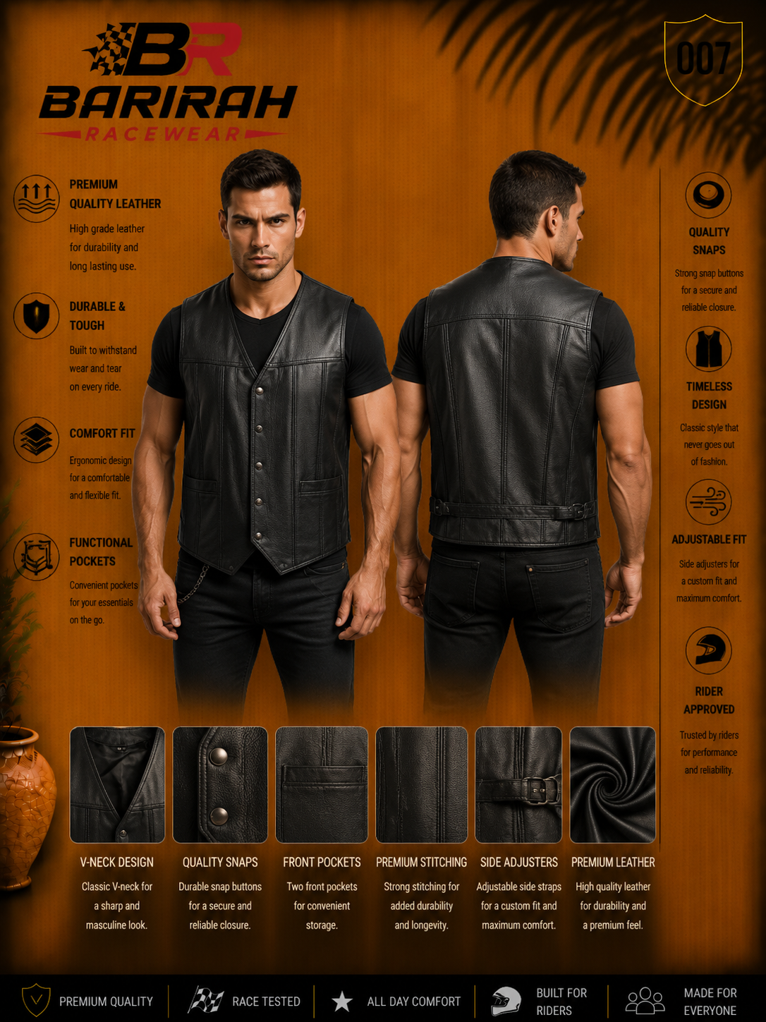 Men’s Black Leather Jacket Waistcoat Barirah Racewear