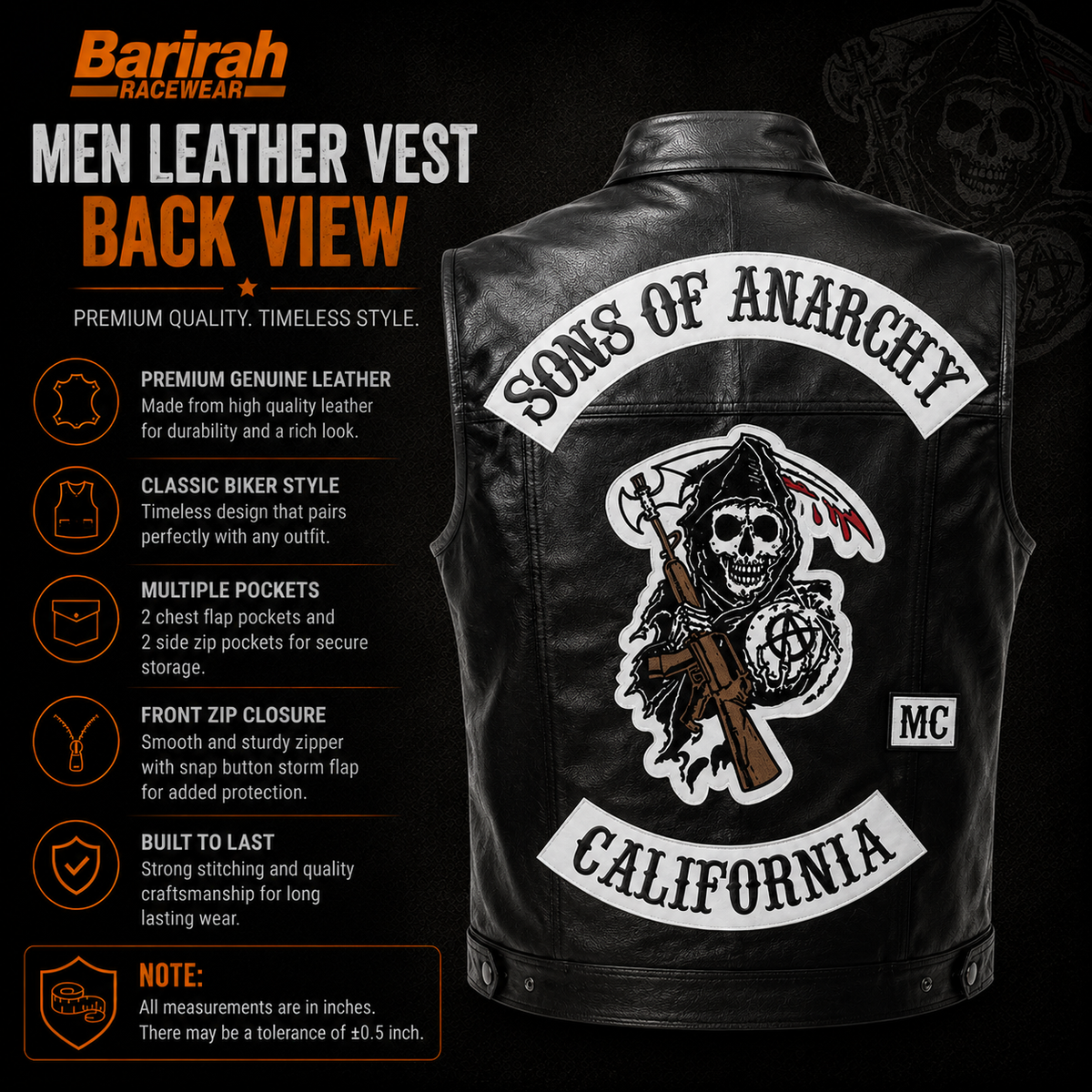 Sons of Anarchy Leather Vest genuine cowhide leather Barirah Racewear