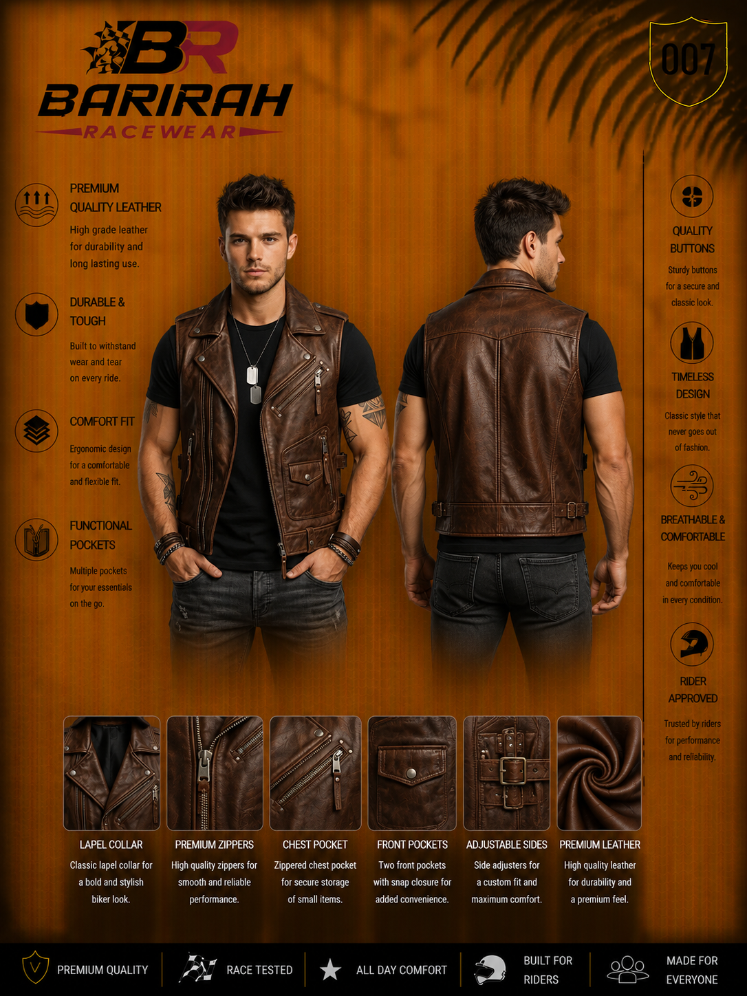 Barirah Racewear Men’s Brown Leather Jacket Waistcoat multiple functional pockets
