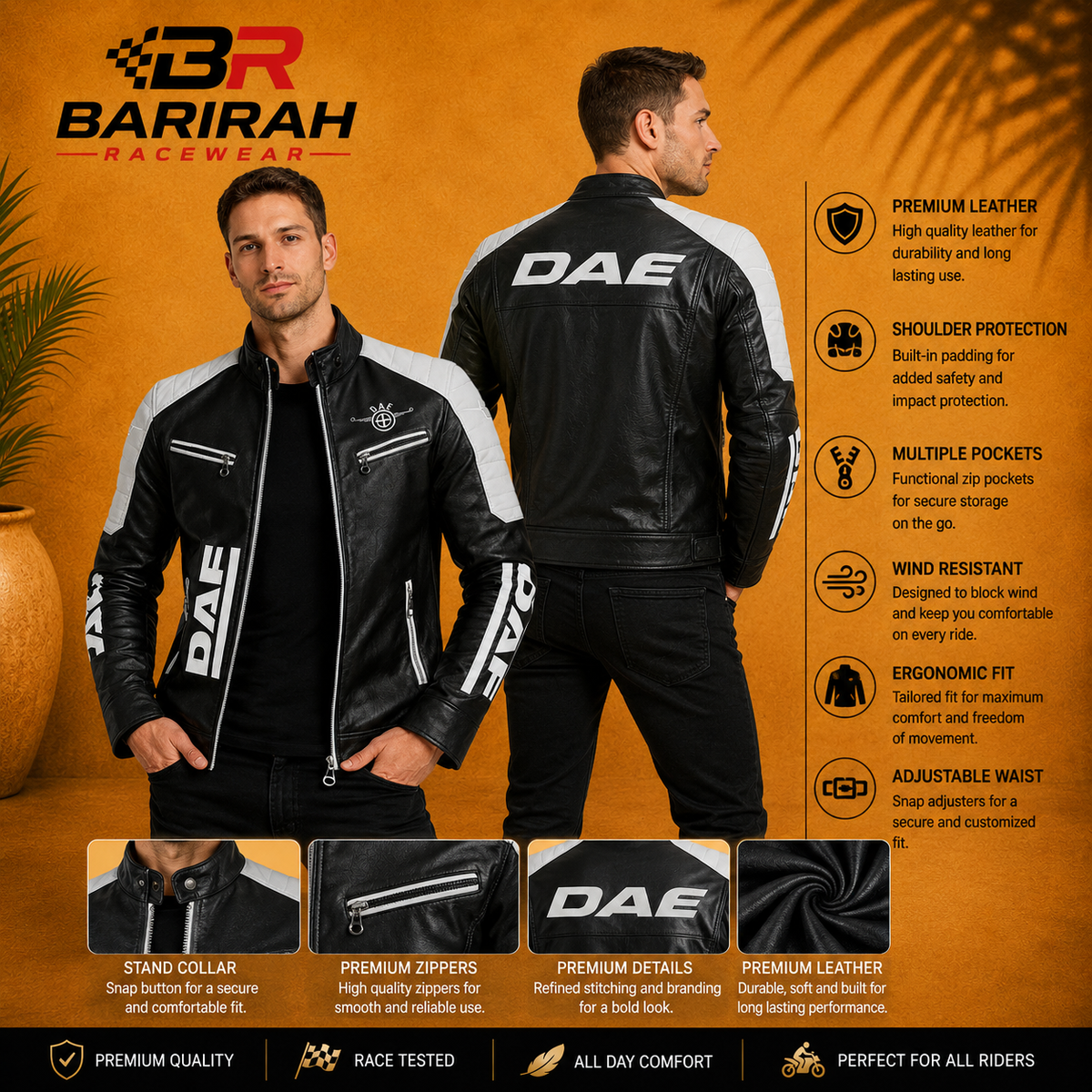 Men’s Real Leather Biker Bomber Jacket - Wind-Resistant Motorcycl