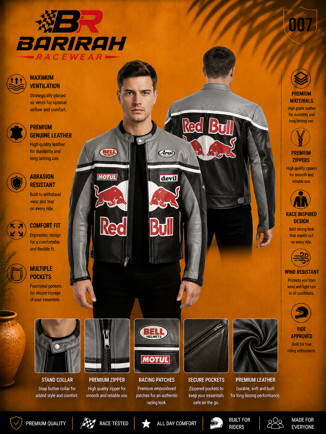 Red Bull Racing Inspired Men’s Leather - Black &amp; Grey Cowhide