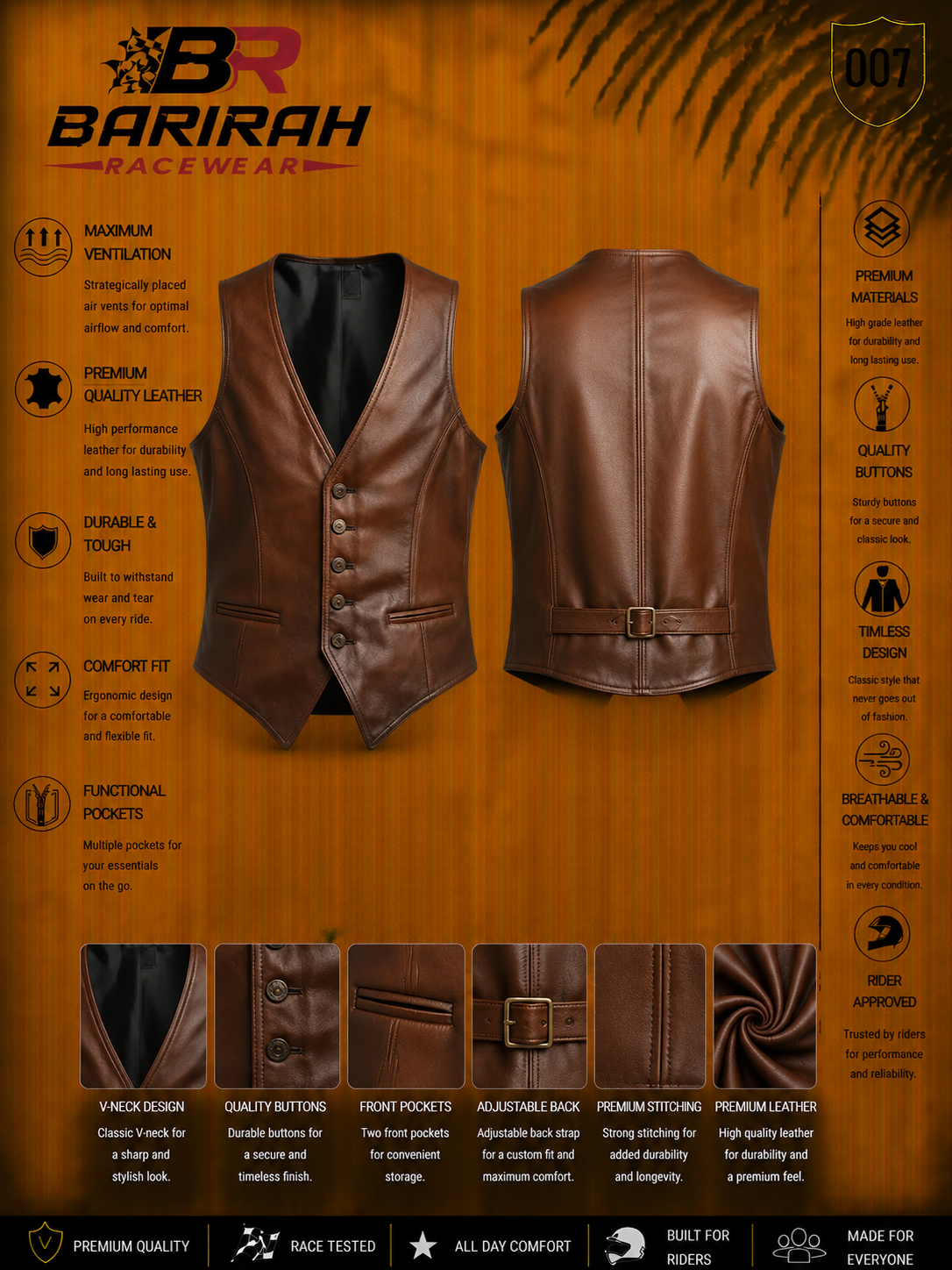Barirah Racewear Men’s Brown Genuine Leather Jacket Waistcoat