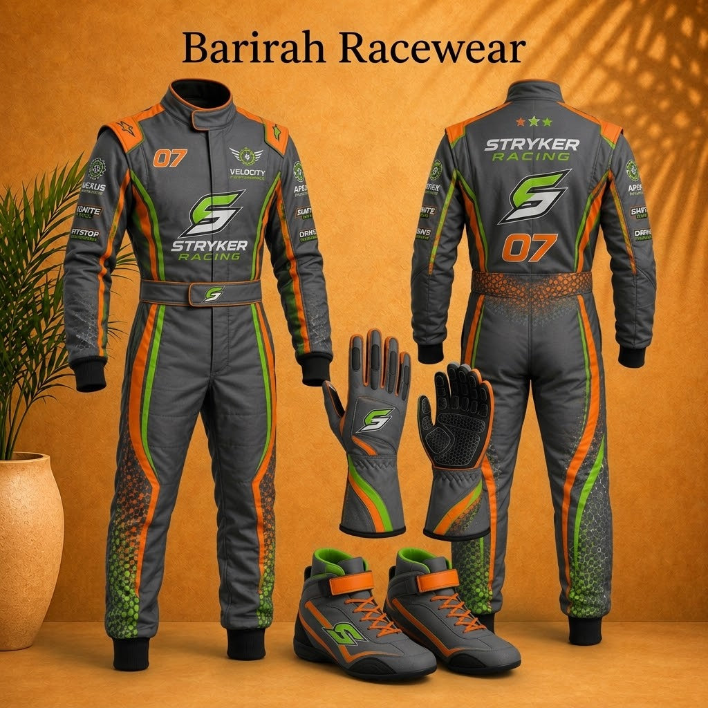 Custom kart racing suit set featuring a personalized racing outfit, matching gloves, and shoes.