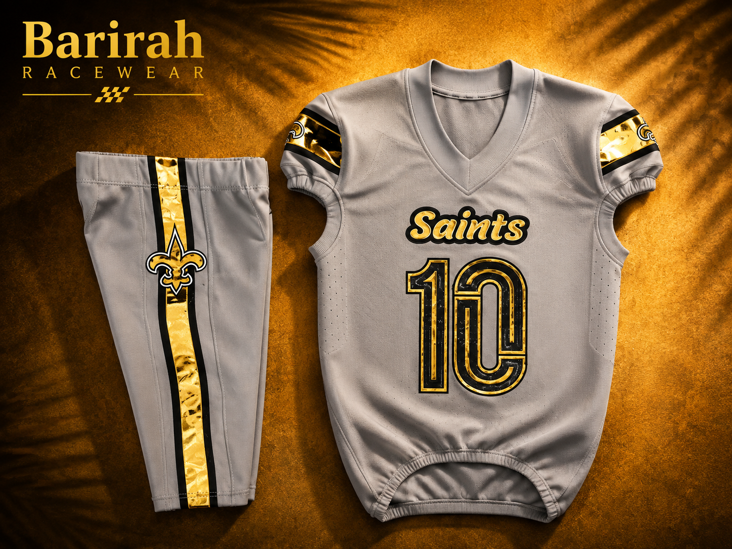 Barirah Racewear American Football Uniform Set – Grey, Black & Gold No. 10 Jersey & Pants