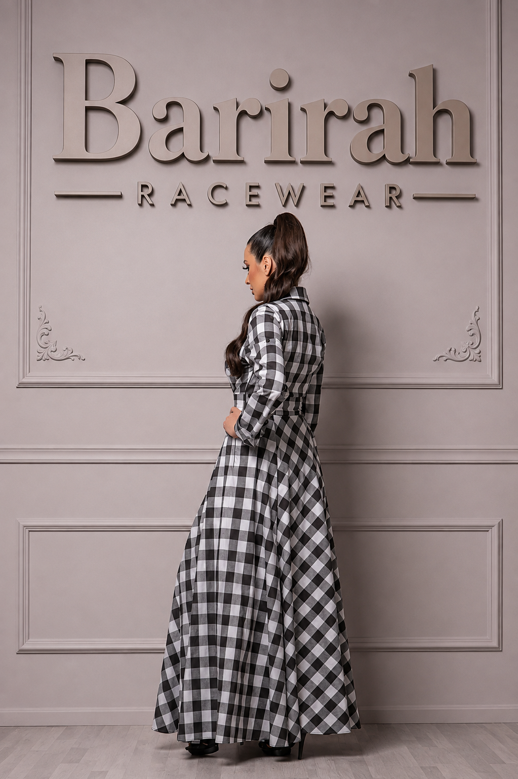 Barirah Racewear Women’s Red & Black Buffalo Plaid Gray White Maxi Shirt Dress – Long Sleeve Button-Up Flared Gown (Copy)
