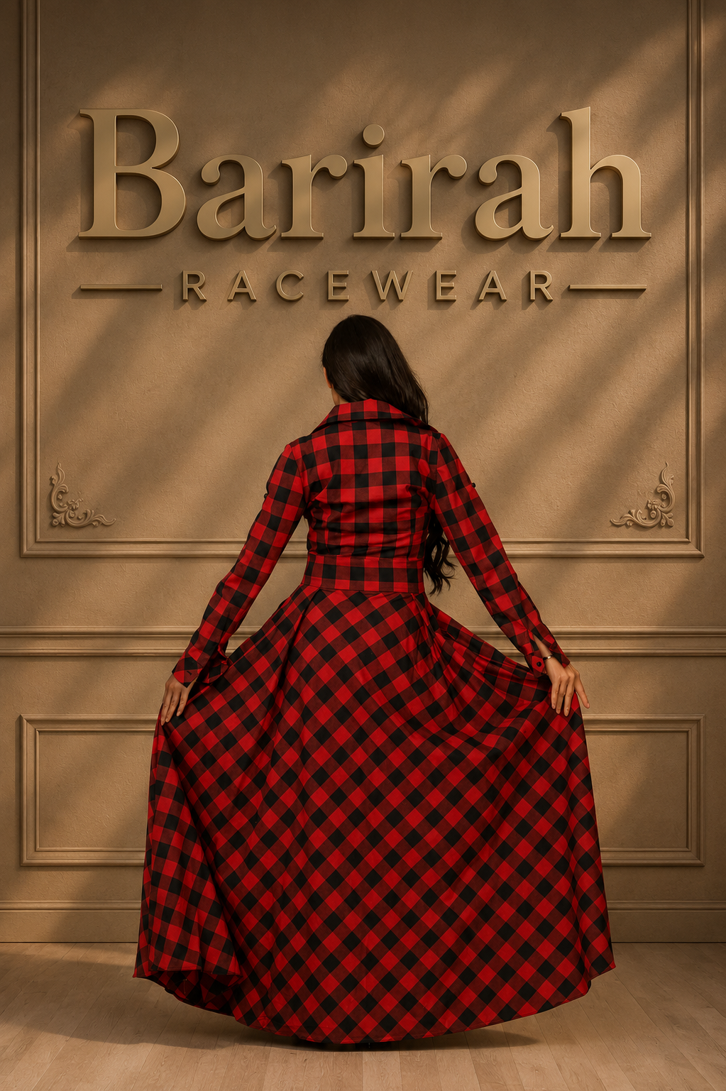 Barirah Racewear Women’s Red & Black Buffalo Plaid Gray White Maxi Shirt Dress – Long Sleeve Button-Up Flared Gown (Copy)
