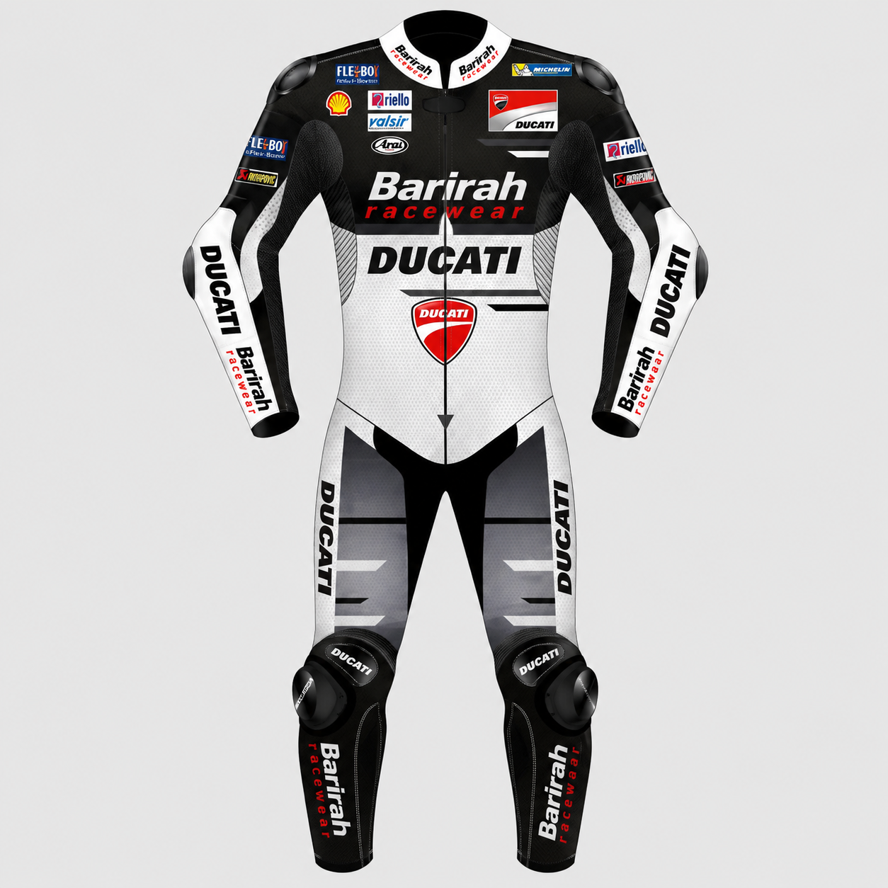 Barirah Racewear Ducati Men’s Leather Motorcycle Racing Suit – Black, White & Grey