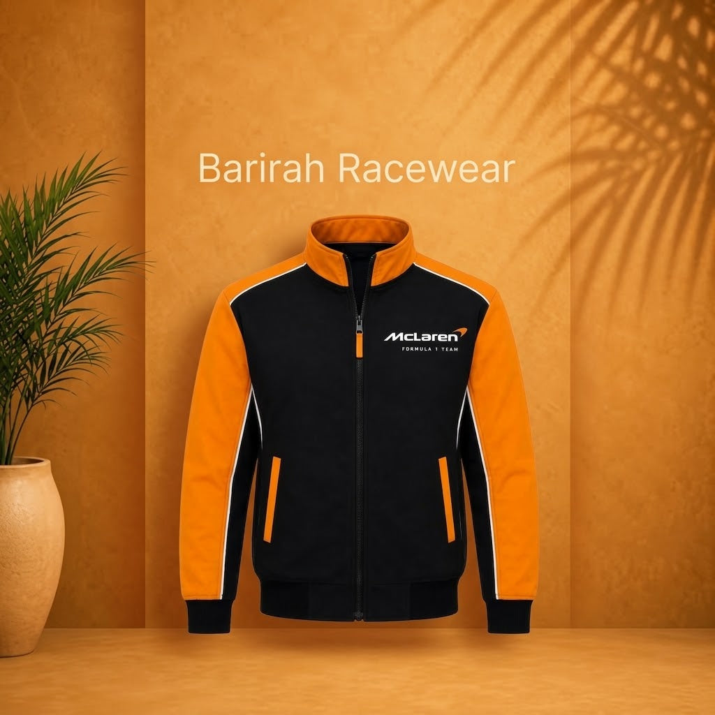McLaren-Inspired Racing Jacket | Black & Orange Cotton Bomber | Barirah Racewear