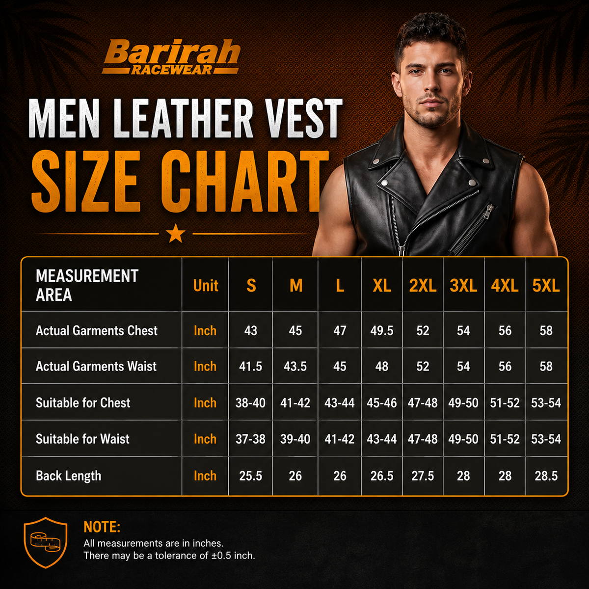 Barirah Racewear Men’s Black Genuine Leather Biker Jacket waistcoat